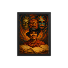 Zora Neale Hurston folkloric masks and manuscripts framed print on a plain backdrop in size 12"x16".
