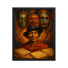 Zora Neale Hurston folkloric masks and manuscripts framed print on a plain backdrop in size 16"x20".