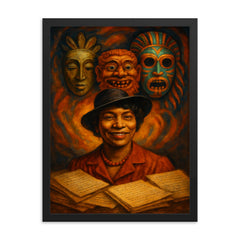 Zora Neale Hurston folkloric masks and manuscripts framed print on a plain backdrop in size 18"x24".