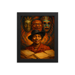 Zora Neale Hurston folkloric masks and manuscripts framed print on a plain backdrop in size 8"x10".