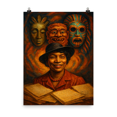 Zora Neale Hurston folkloric masks and manuscripts poster on a plain backdrop in size 8"x10".