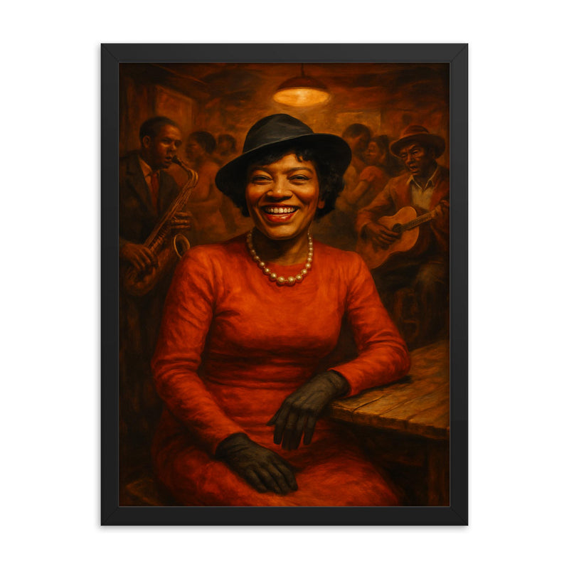 Zora Neale Hurston in Southern juke joint framed print on a plain backdrop in size 18