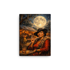 Zora Neale Hurston under Southern juke joint moon canvas print on a plain backdrop in size 12"x16".