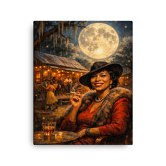 Zora Neale Hurston under Southern juke joint moon canvas print on a plain backdrop in size 16"x20".