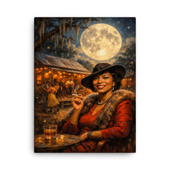Zora Neale Hurston under Southern juke joint moon canvas print on a plain backdrop in size 18"x24".
