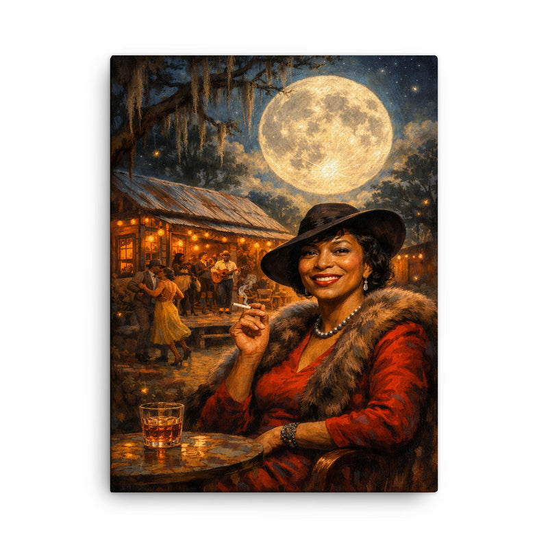 Zora Neale Hurston under Southern juke joint moon canvas print on a plain backdrop in size 18