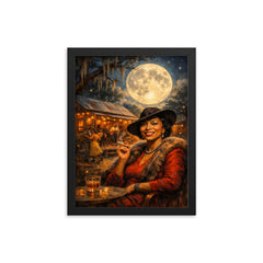 Zora Neale Hurston under Southern juke joint moon framed print on a plain backdrop in size 12"x16".