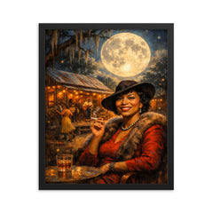 Zora Neale Hurston under Southern juke joint moon framed print on a plain backdrop in size 16"x20".