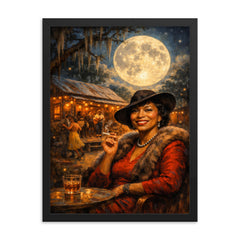 Zora Neale Hurston under Southern juke joint moon framed print on a plain backdrop in size 18"x24".