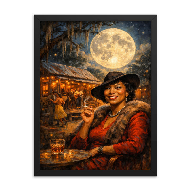 Zora Neale Hurston under Southern juke joint moon framed print on a plain backdrop in size 18