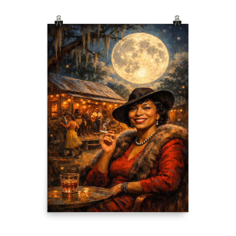 Zora Neale Hurston under Southern juke joint moon poster on a plain backdrop in size 8