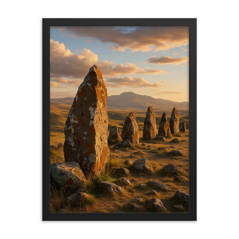 Zorats Karer Karahunj Megaliths Armenia framed print on a plain backdrop in size 18