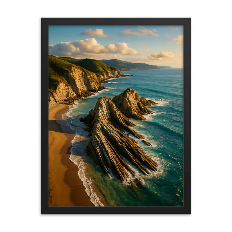 Zumaia Flysch Cliffs Basque Country Spain framed print on a plain backdrop in size 18