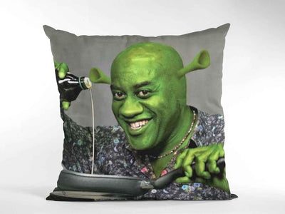 An Ainsley Harriott Shrek throw pillow displayed against a white background.