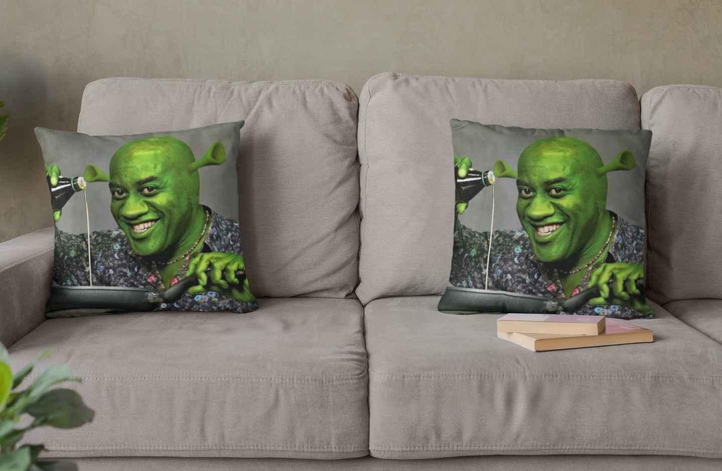 Two Ainsley Harriott Shrek throw pillows positioned at opposite ends of a sofa.