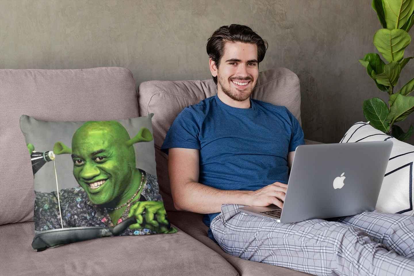 A smiling young man with a laptop sitting next to an Ainsley Harriott Shrek throw pillow.
