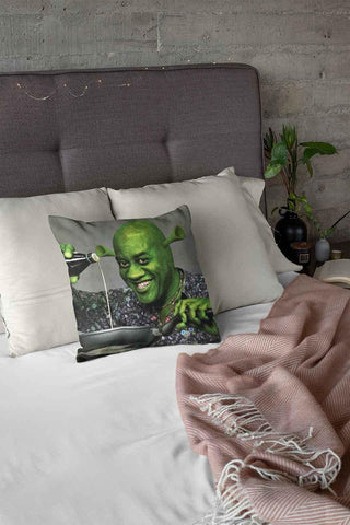 Image of An Ainsley Harriott Shrek throw pillow on a bed with a white duvet.