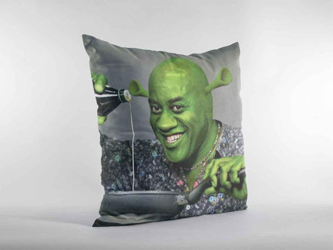 Image of Ainsley Harriott Shrek throw pillow tilted slightly to the side, set against a white background.