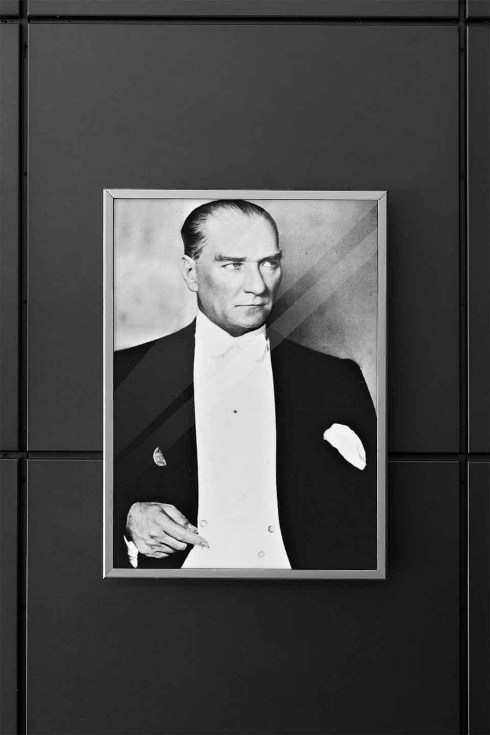 Poster case containing a Mustafa Kemal Ataturk print mounted on a modern wall.