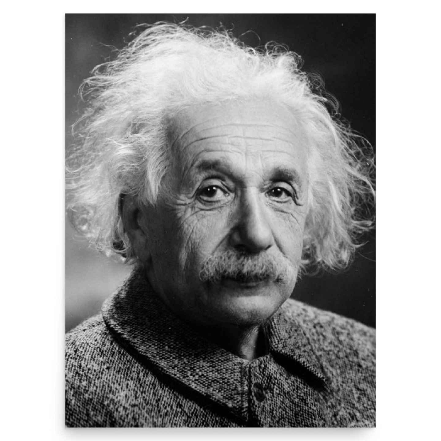 A rectangular Einstein poster on a plain backdrop.