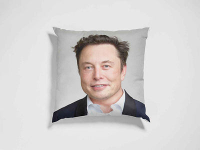 An Elon Musk pillow displayed against a white background.