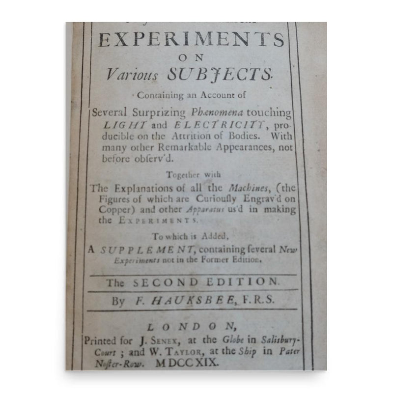 Francis Hauksbee poster print, in size 18x24 inches.