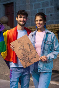 Smiling young man and woman holding a Lao Tzu poster.