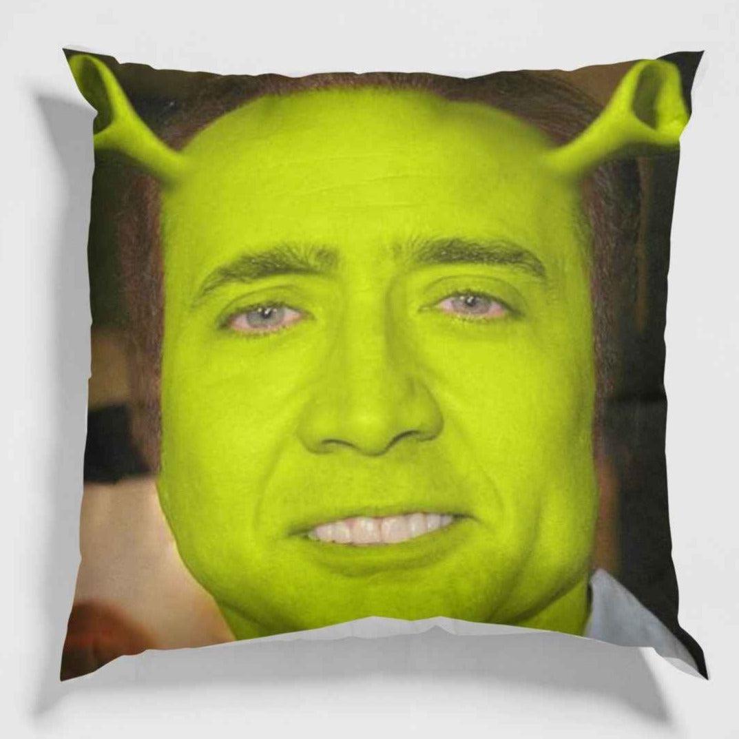 A Nicolas Cage Shrek pillow Pillow displayed against a white background.