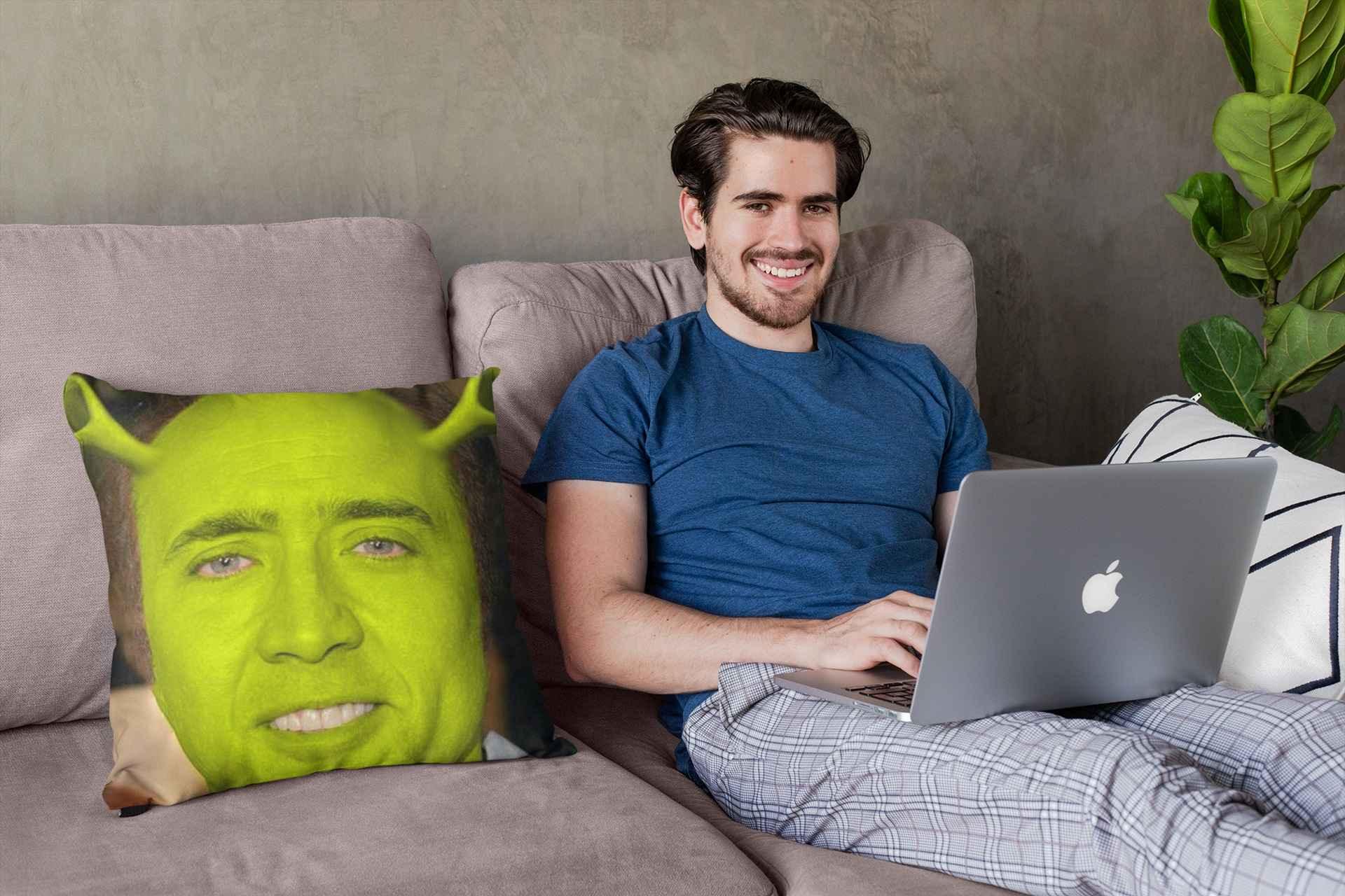 A smiling young man with a laptop sitting next to a Nicolas Cage Shrek pillow.