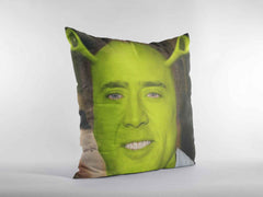 Nicolas Cage Shrek pillow tilted slightly to the side, set against a white background.