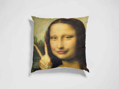 A Mona Lisa meme pillow displayed against a white background.