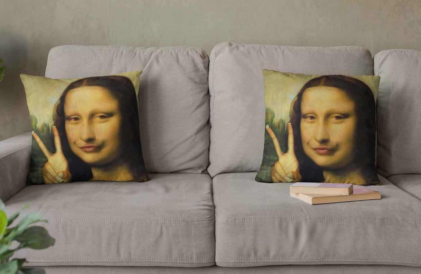 Two Mona Lisa memes positioned at opposite ends of a sofa.