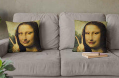 Two Mona Lisa memes positioned at opposite ends of a sofa.