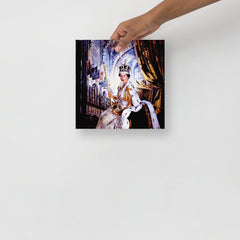 A Queen Elizabeth Coronation poster on a plain backdrop in size 10x10”.