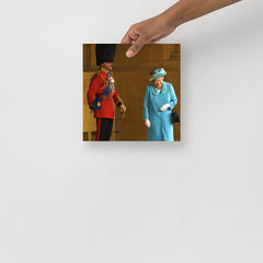 A Queen Elizabeth II with Prince Philip poster on a plain backdrop in size 10x10”.
