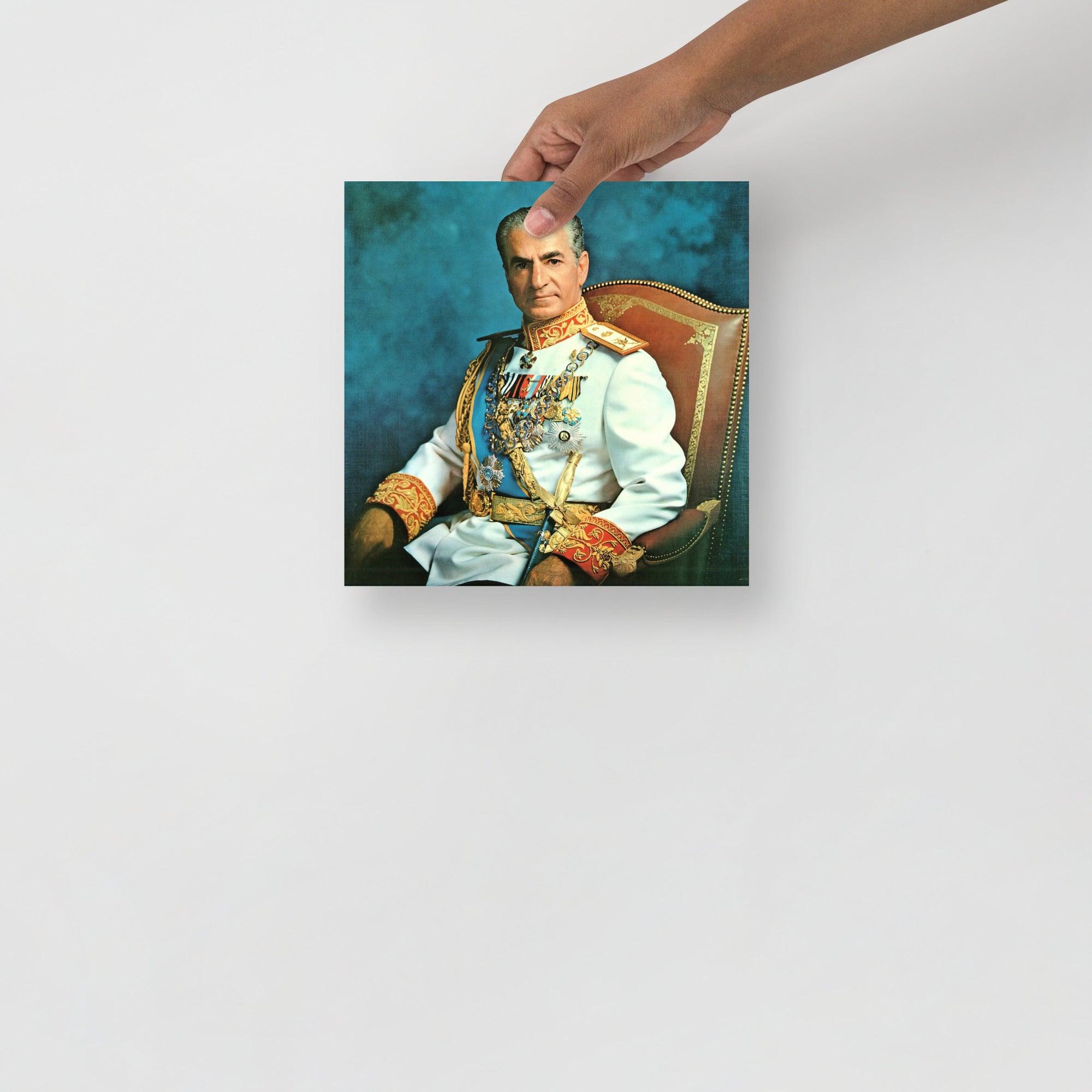 A Mohammad Reza Pahlavi poster on a plain backdrop in size 10x10”.