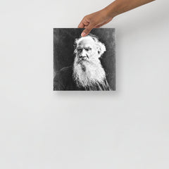 A Leo Tolstoy poster on a plain backdrop in size 10x10”.