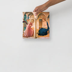 The Annunciation by Beato Angelico poster on a plain backdrop in size 10x10”.