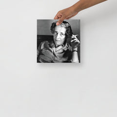 A Hannah Arendt poster on a plain backdrop in size 10x10”.