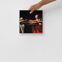 A Saint Jerome Writing by Caravaggio poster on a plain backdrop in size 10x10”.