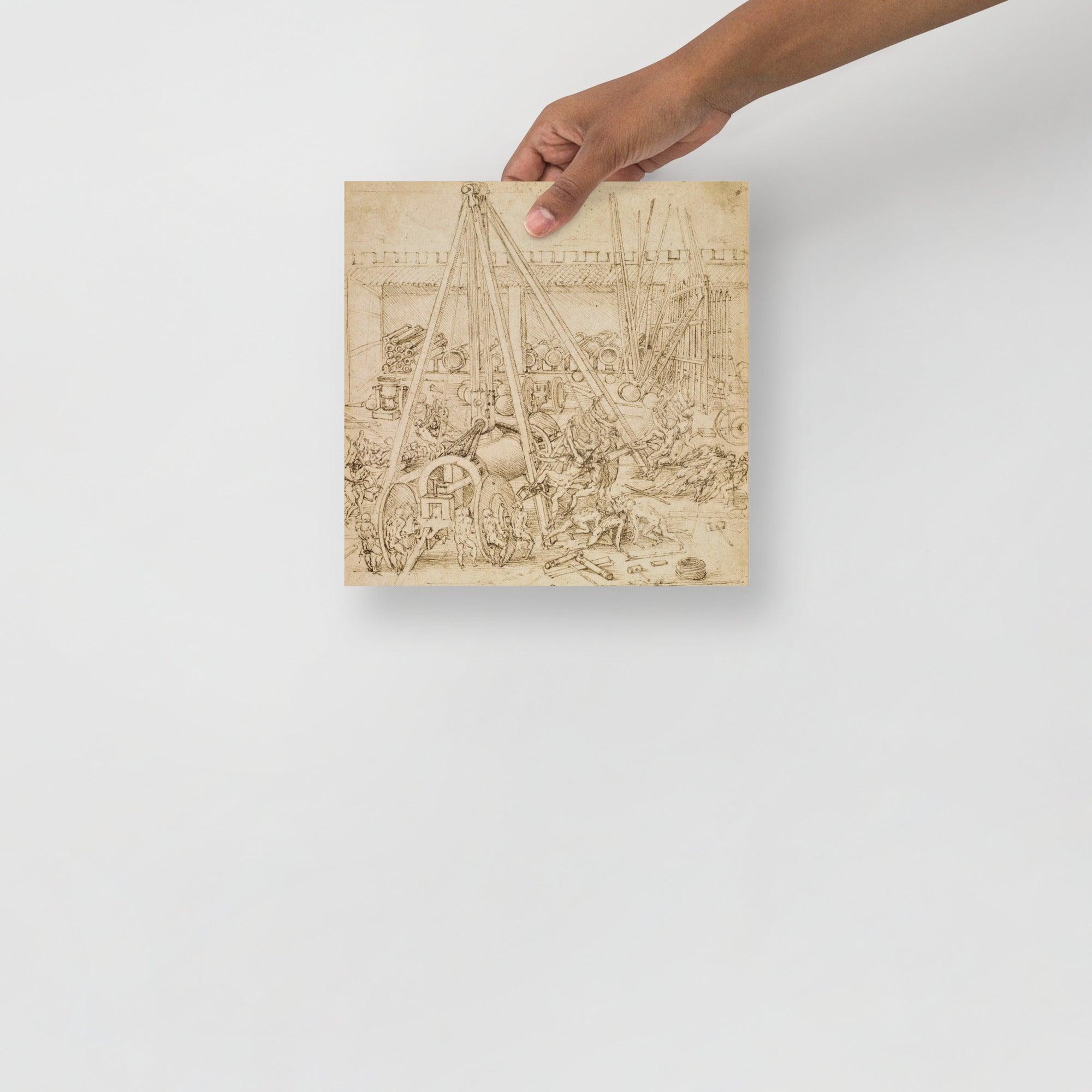 A Scene in an Arsenal by Leonardo Da Vinci poster on a plain backdrop in size 10x10”.