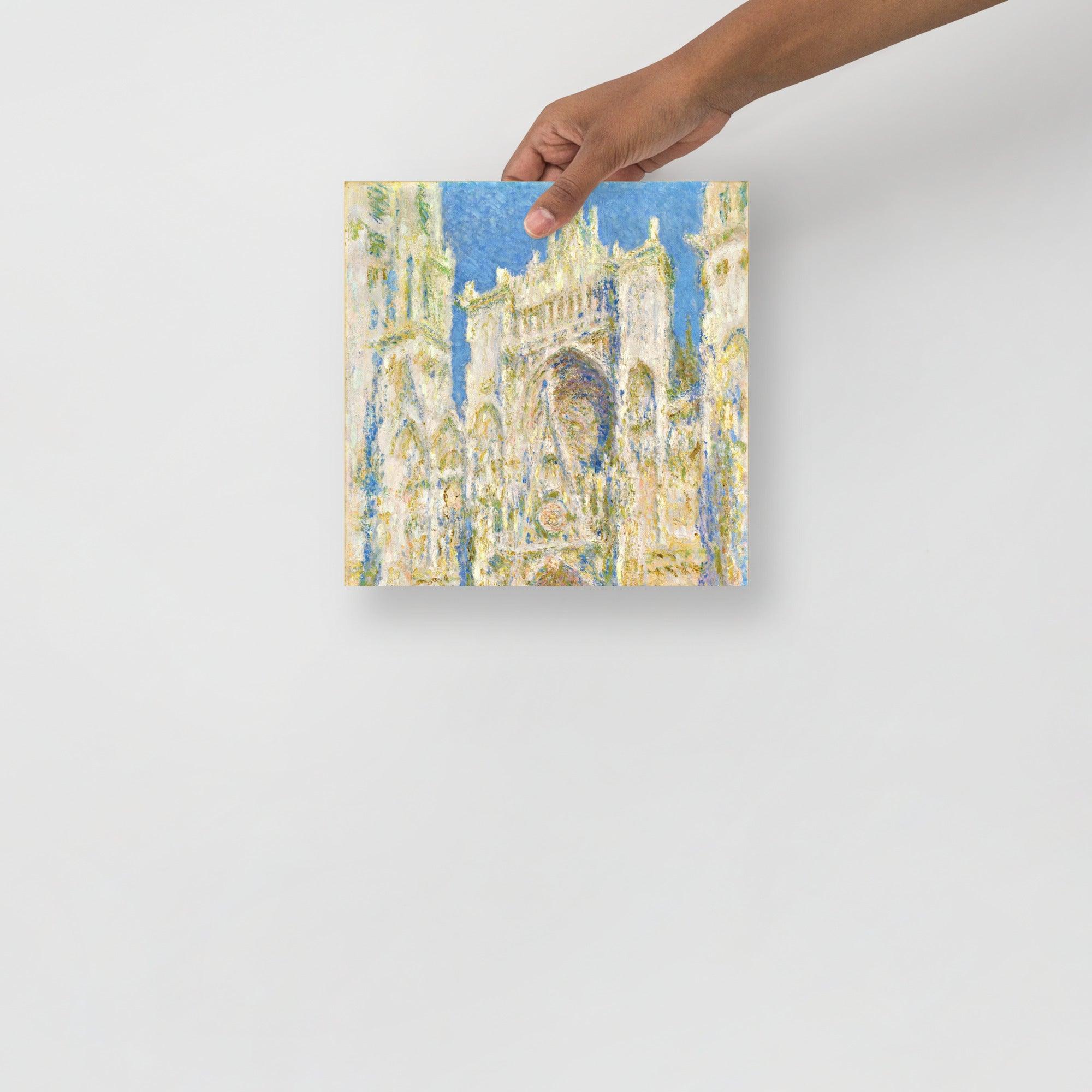 A Rouen Cathedral, West Facade by Claude Monet poster on a plain backdrop in size 10x10”.