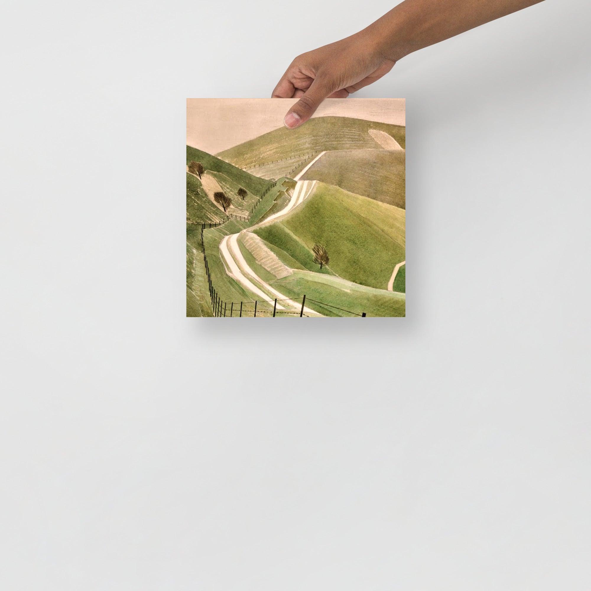 A Chalk Paths by Eric Ravilious poster on a plain backdrop in size 10x10”.