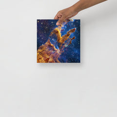 A Pillars of Creation by James Webb Telescope poster on a plain backdrop in size 10x10”.