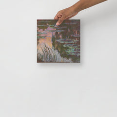 A Water Lilies by Claude Monet poster on a plain backdrop in size 10x10”.