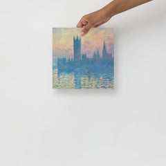 The Houses of Parliament, Sunset by Claude Monet poster on a plain backdrop in size 10x10”.
