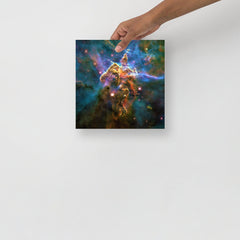 A Mystic Mountain (Carina Nebula) poster on a plain backdrop in size 10x10”.