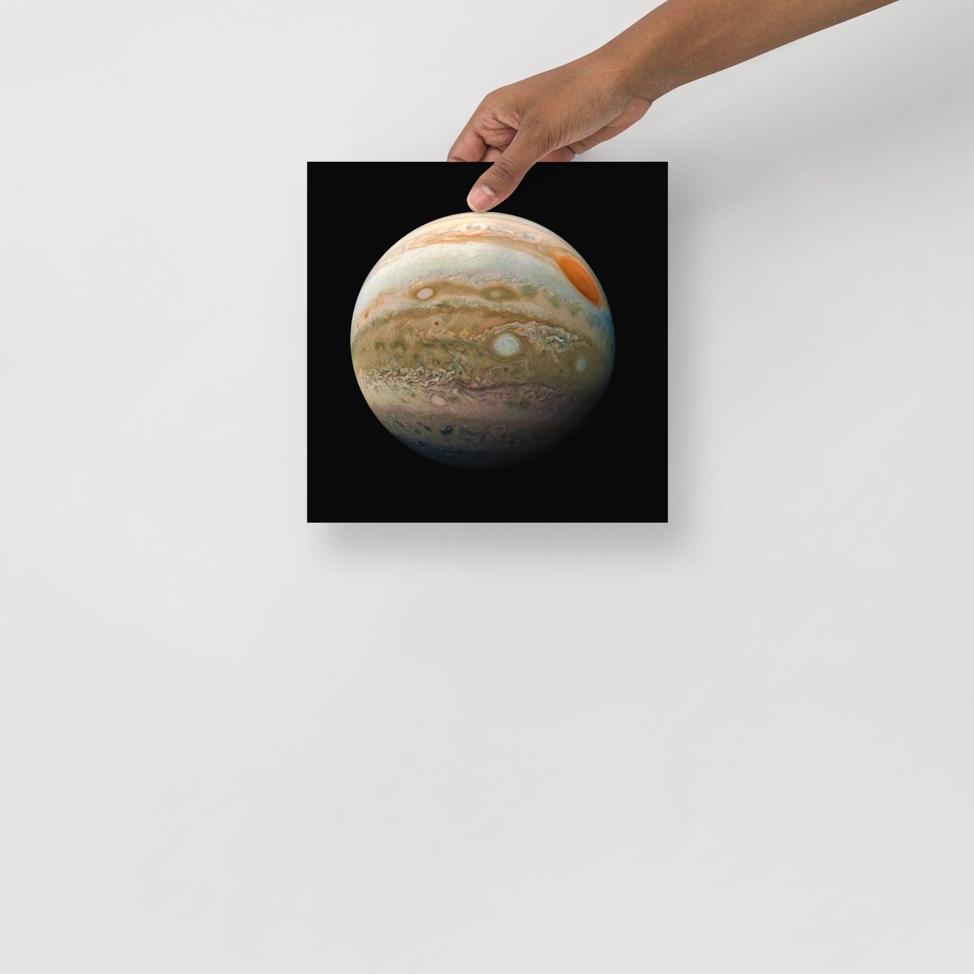 A Planet Jupiter From the Juno Spacecraft poster on a plain backdrop in size 10x10”.