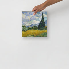 A Wheat Field with Cypresses by Vincent van Gogh poster on a plain backdrop in size 10x10”.