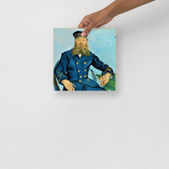 A Postman Joseph Roulin by Vincent van Gogh poster on a plain backdrop in size 10x10”.